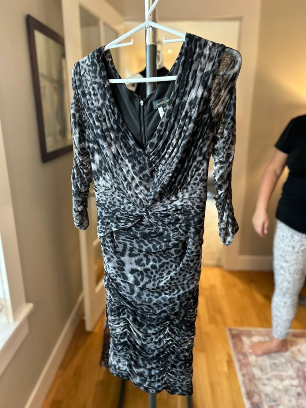Tadashi Shoji Grey Animal Print Dress with V Neck